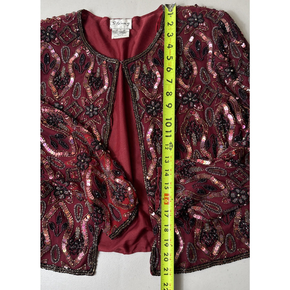 Vintage STENAY Beaded Silk Jacket Size L FLAWS Burgundy Wine Dark Red Floral - Picture 7 of 13